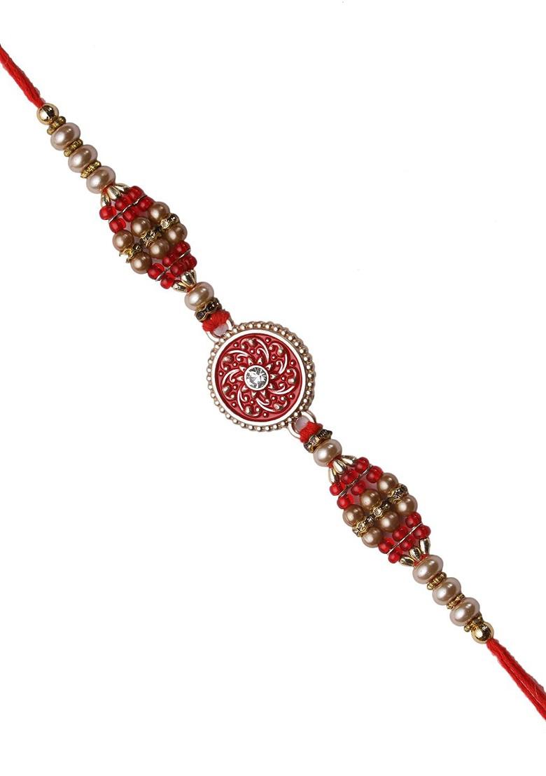 Traditional Meena Work Jewelled Rakhi With Golden Beads And Roli Chawal