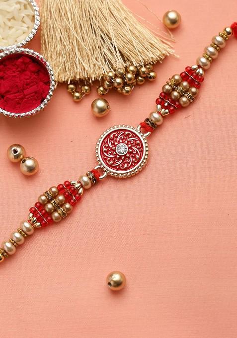 Traditional Meena Work Jewelled Rakhi With Golden Beads And Roli Chawal