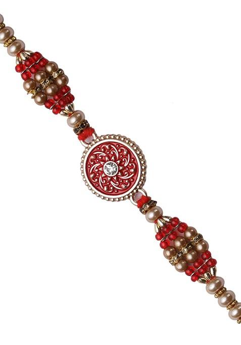 Traditional Meena Work Jewelled Rakhi With Golden Beads And Roli Chawal