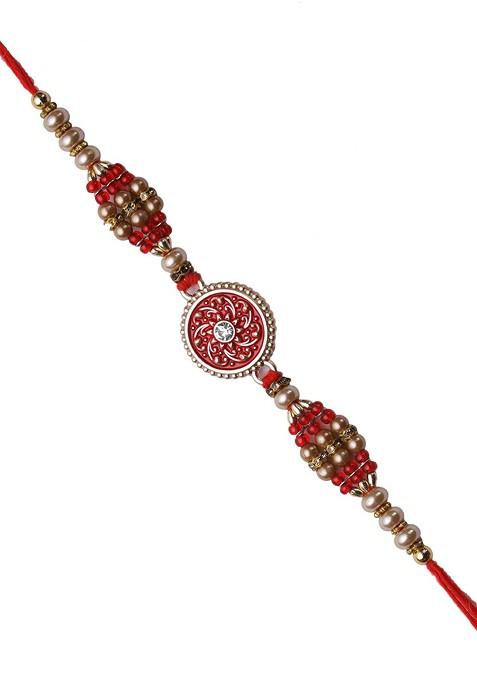 Traditional Meena Work Jewelled Rakhi With Golden Beads And Roli Chawal
