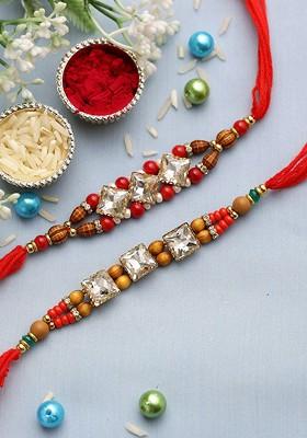 Set Of 2 Diamond Beaded Rudaraksh Thread Rakhi