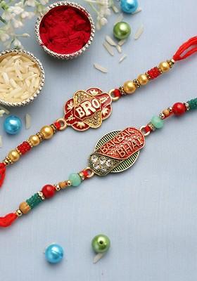 Set Of 2 Red And Gold Coloured Beaded Rakhi With Greeting Card