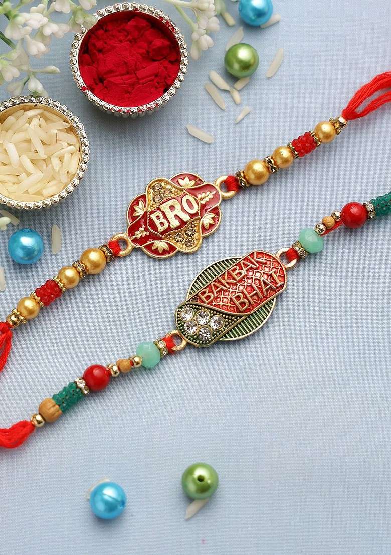 Set Of 2 Red And Gold Coloured Beaded Rakhi With Greeting Card - Indya