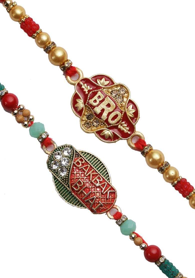 Set Of 2 Red And Gold Coloured Beaded Rakhi With Greeting Card - Indya