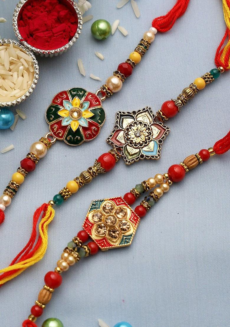 Set Of 3 Multicolored Meena Work Thread Rakhi