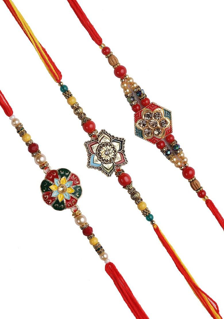 Set Of 3 Multicolored Meena Work Thread Rakhi