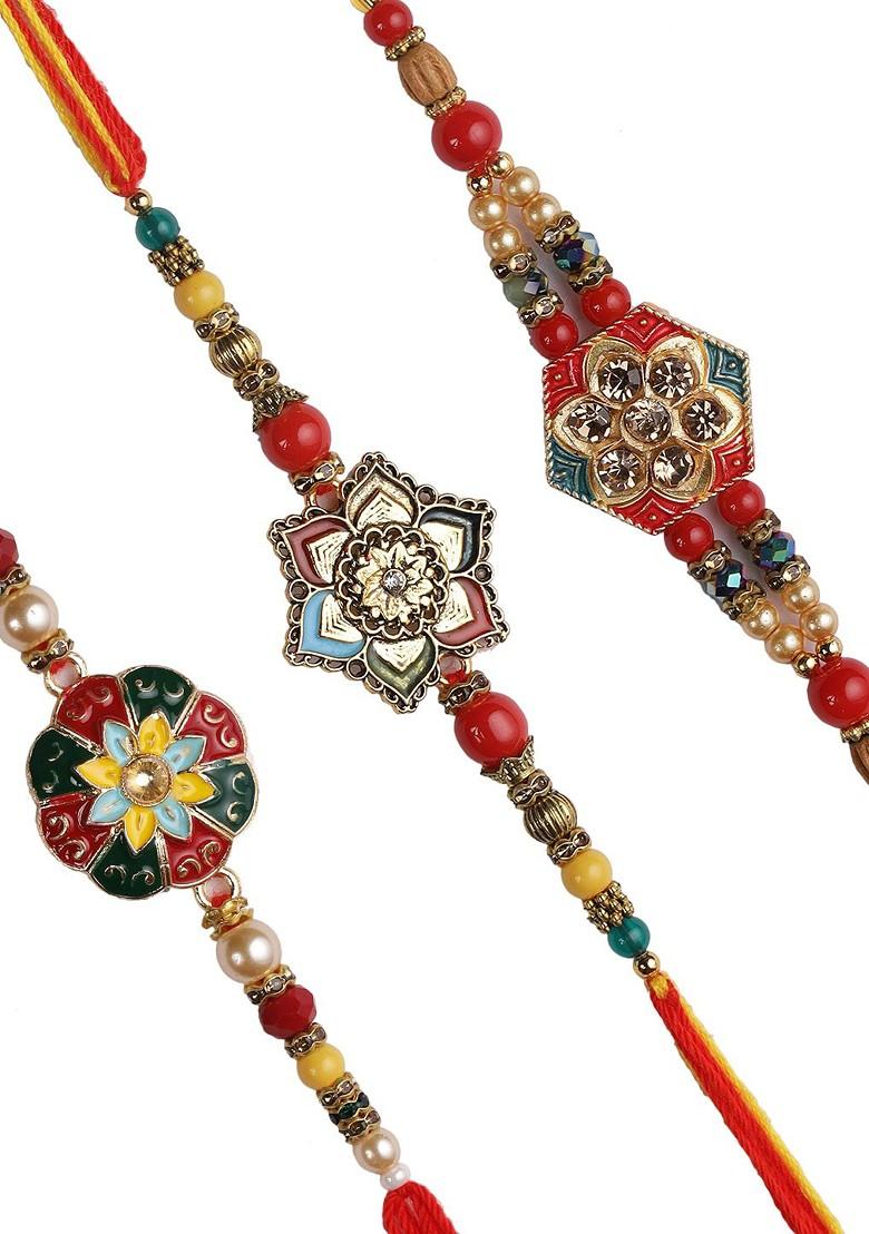 Set Of 3 Multicolored Meena Work Thread Rakhi
