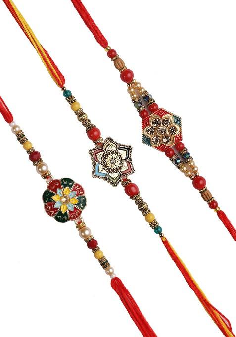 Set Of 3 Multicolored Meena Work Thread Rakhi