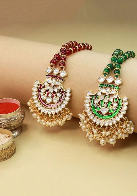 Set Of 2 Red And Green Pearl Hanging Floral Lumba Rakhi