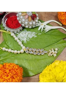Men Gold Toned And White Pearl Beaded Bhaiya Bhabhi Hanging Lumba Rakhi