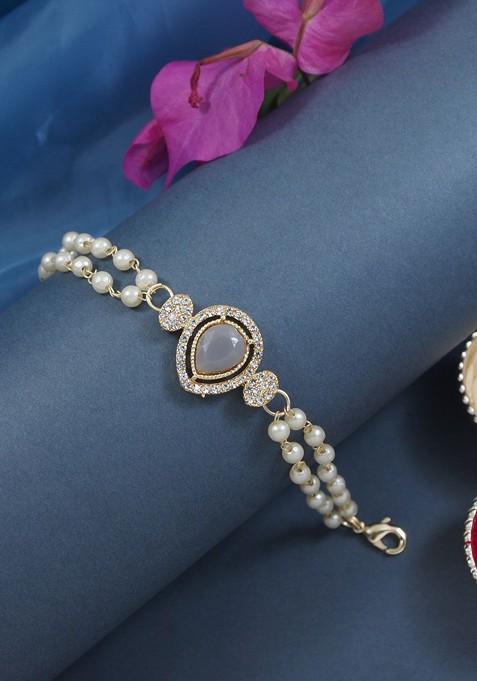 Drop Shaped Kundan And Pearl Lumba Bracelet Rakhi