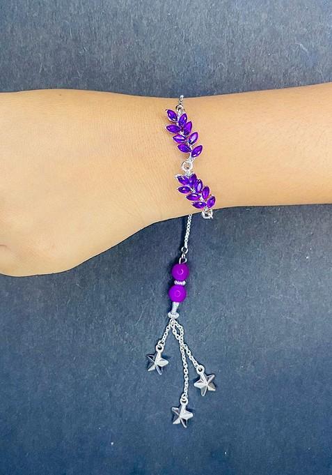 Leafy Shape Purple Crystal Studded Lumba Wraparound Rakhi