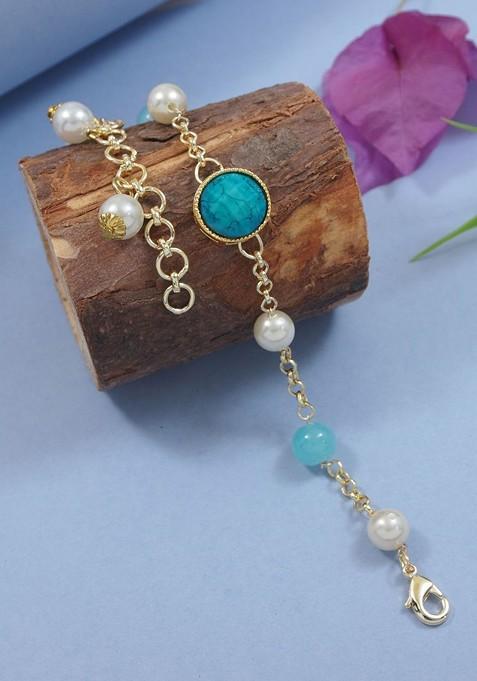 Round Shaped Kundan And Pearl Lumba Bracelet Rakhi