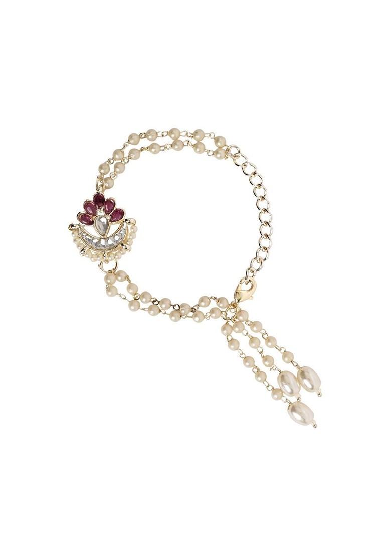 Floral Shaped Kundan And Pearl Lumba Bracelet Rakhi - Indya