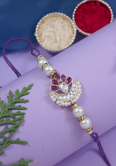 Floral Shaped Kundan And Pearl Lumba Bracelet Rakhi