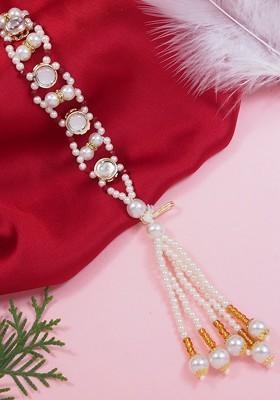 Round Shaped Kundan And Pearl Lumba Bracelet Rakhi