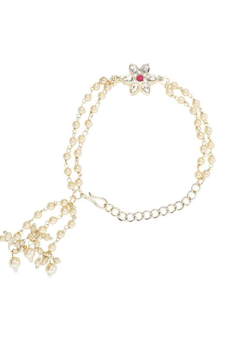 Floral Shaped Kundan And Pearl Lumba Bracelet Rakhi - Indya