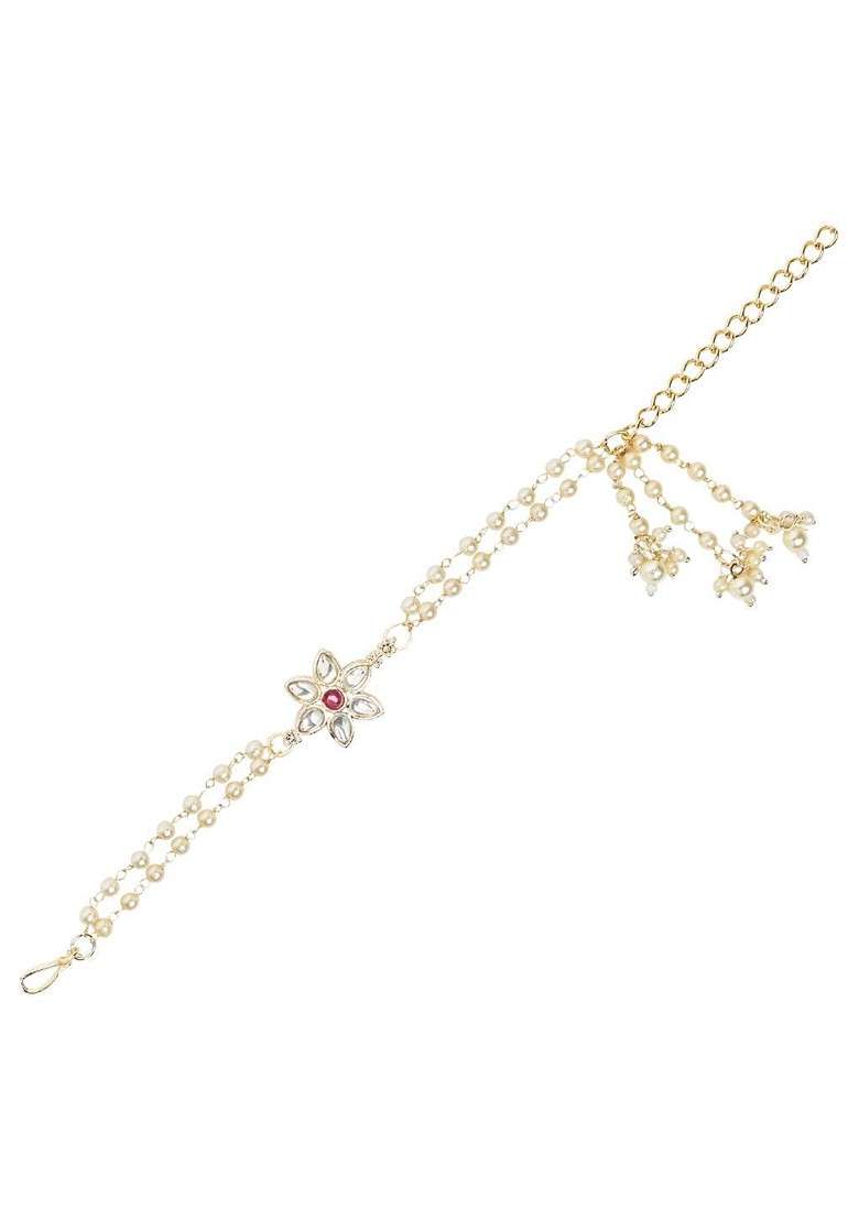 Floral Shaped Kundan And Pearl Lumba Bracelet Rakhi - Indya