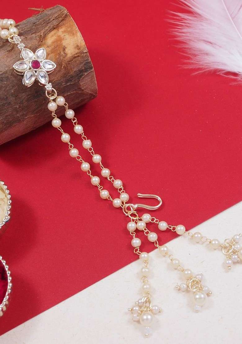 Floral Shaped Kundan And Pearl Lumba Bracelet Rakhi - Indya