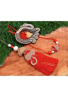 Designs Red And Gold Thread Rakhi And Lumba Set