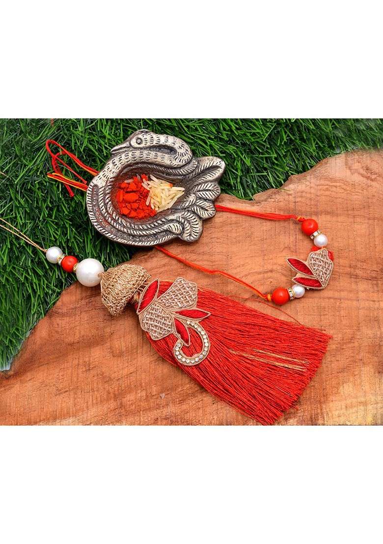 Designs Red And Gold Thread Rakhi And Lumba Set - Indya
