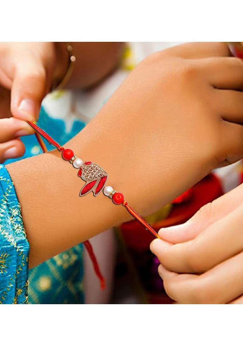 Designs Red And Gold Thread Rakhi And Lumba Set - Indya