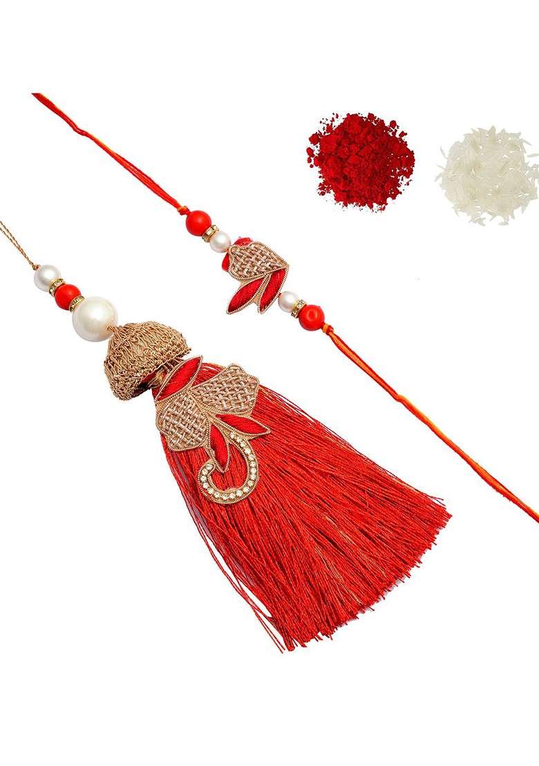 Designs Red And Gold Thread Rakhi And Lumba Set - Indya