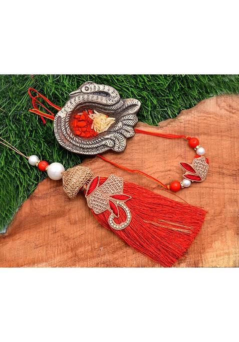 Designs Red And Gold Thread Rakhi And Lumba Set
