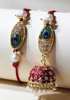 Set Of 2 Peacock Feather Bhaiya And Bhabhi Rakhi With Tilak Card And Fridge Magnet