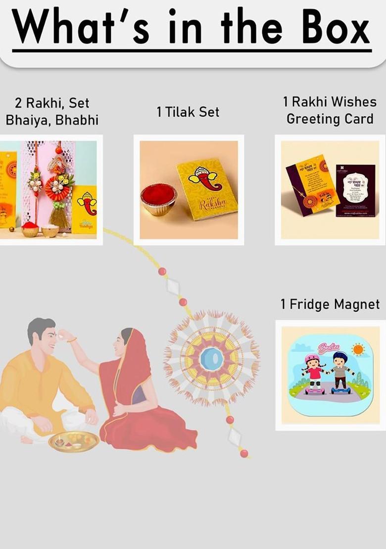 Set Of 2 Brother And Bhabhi Rakhis With Fridge Magnet