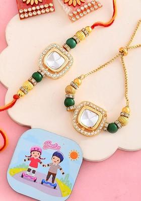 Brother And Bhabhi Rakhis With Fridge Magnet Greeting Card And Roli Chawal