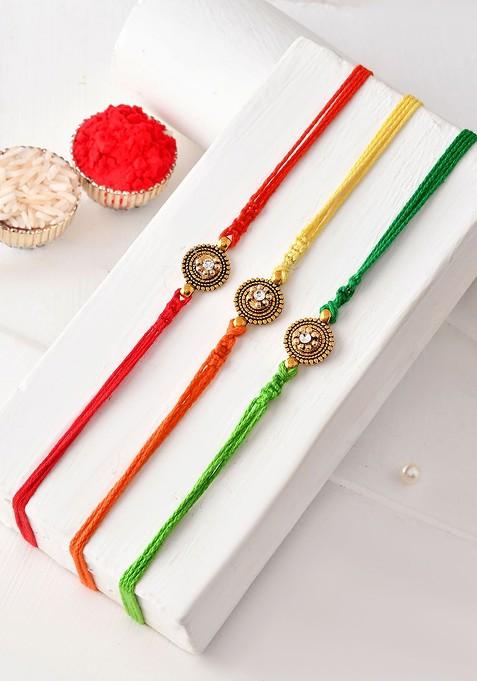 Set Of 3 Antique Finish Bhaiya Rakhis With American Diamond Center
