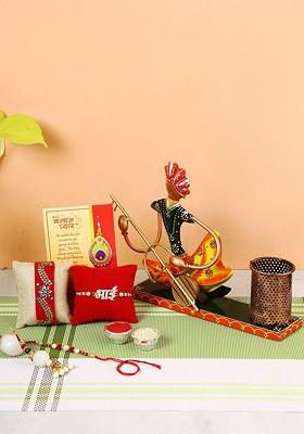 Set Of 4 Rakhi For Brother With Gift Musician Pen Stand Decorative Showpiece
