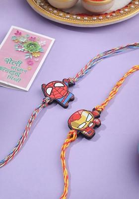 Kids Set Of 2 Cartoon Superhero Thread Rakhi With Roli Chawal Chandan Mishri