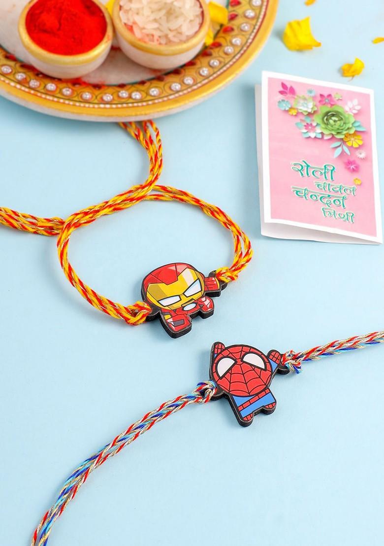 Kids Set Of 2 Cartoon Superhero Thread Rakhi With Roli Chawal Chandan Mishri - Indya