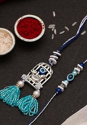 2 Pcs Evil Eye Brother And Bhabhi Rakhis With Tilak Set And Fridge Magnet