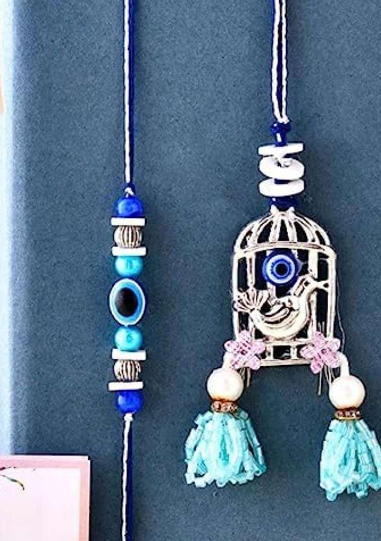 2 Pcs Evil Eye Brother And Bhabhi Rakhis With Tilak Set And Fridge Magnet - Indya