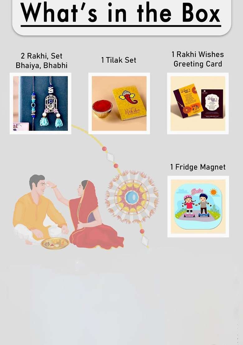 2 Pcs Evil Eye Brother And Bhabhi Rakhis With Tilak Set And Fridge Magnet - Indya