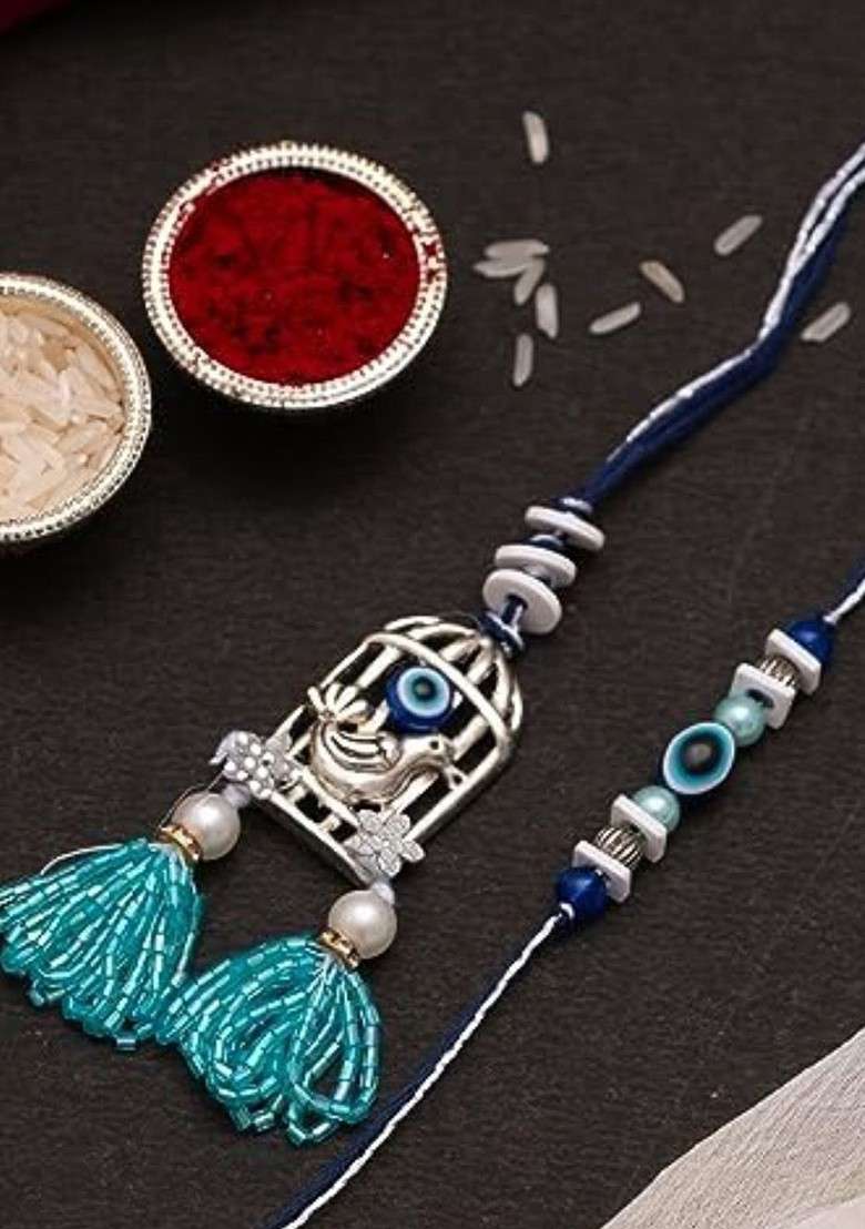 2 Pcs Evil Eye Brother And Bhabhi Rakhis With Tilak Set And Fridge Magnet - Indya