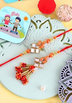Set Of 2 Bhaiya And Bhabhi Rakhi Gift Set With Fridge Magnet