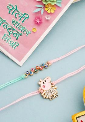 Kids Set Of 2 Cartoon Artificial Stones Thread Rakhi With Roli Chawal Chandan