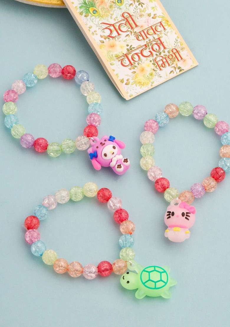 Kids Set Of 3 Cartoon Design Artificial Beads Thread Rakhi With Roli Chawal - Indya