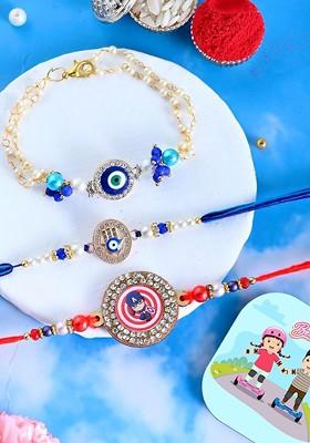 Kids Set Of 3 Brother And Bhabhi Rakhi With Tilak Greeting Card And Fridge Magnet