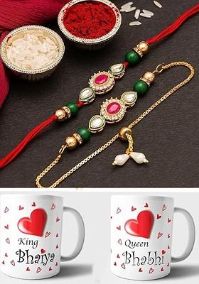 5 Pcs Mug With Greeting Card And Roli Chawal Rakhi Gift Set