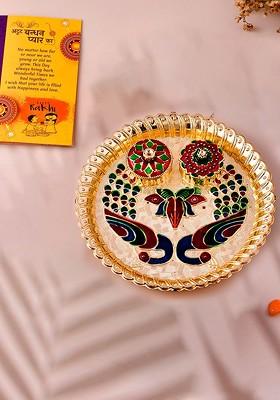 Set Of 5 Evil Eye Charm Rakhi With Pooja Thali And Roli Chawal