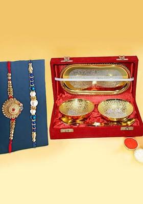 5 Pcs Silver And Gold Plated Bowl Greeting Card And Roli Chawal Rakhi Gift Set
