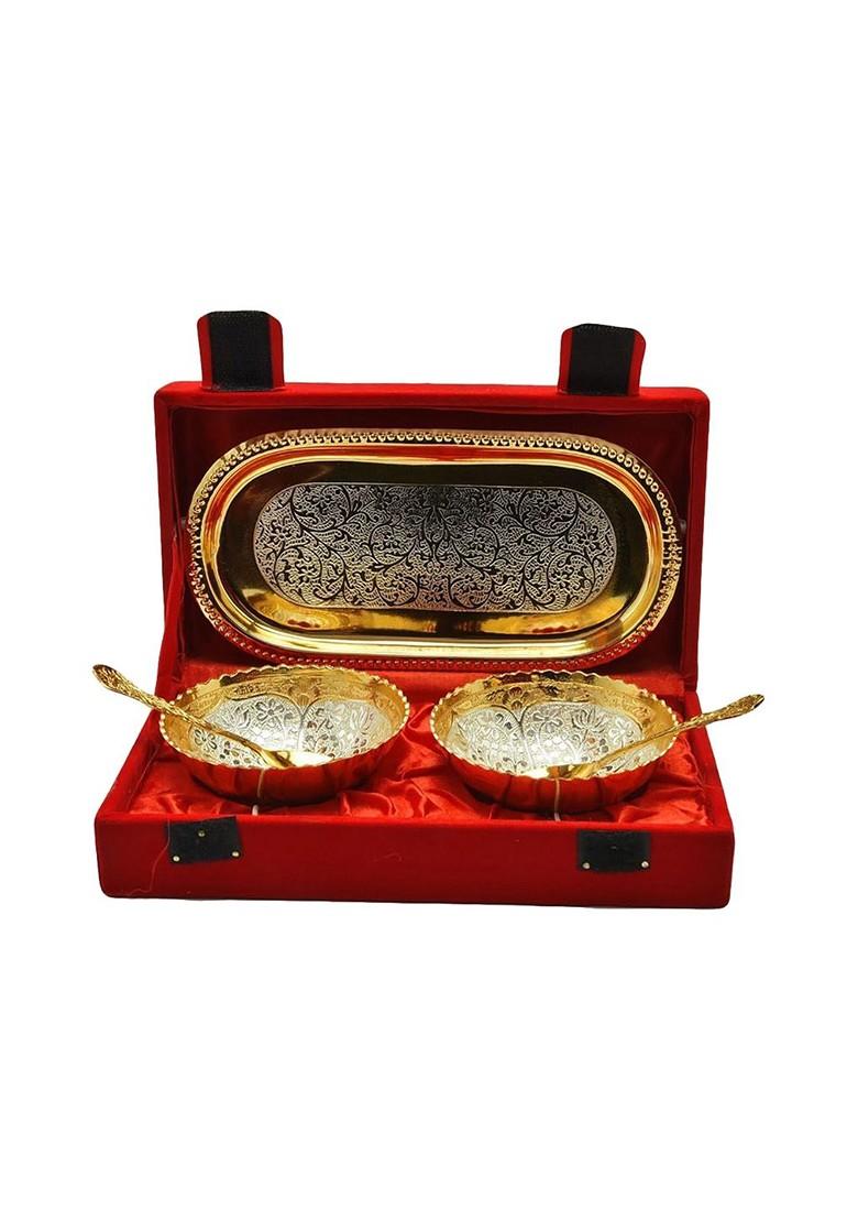 5 Pcs Silver And Gold Plated Bowl Greeting Card And Roli Chawal Rakhi Gift Set - Indya