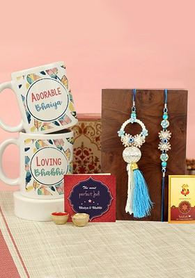 Set Of 2 Rakhi Coffee Mugs Greeting Card And Roli Chawal Gift Set