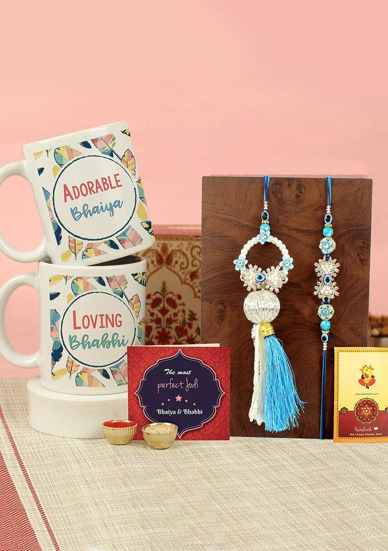 Set Of 2 Rakhi Coffee Mugs Greeting Card And Roli Chawal Gift Set