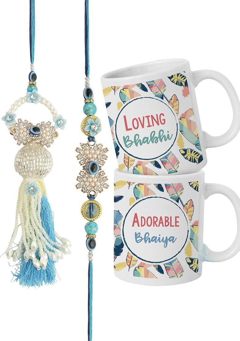 Set Of 2 Rakhi Coffee Mugs Greeting Card And Roli Chawal Gift Set